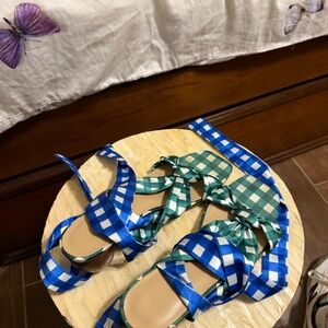 Lizzette Gingham Wrap Wood Heel Sandals